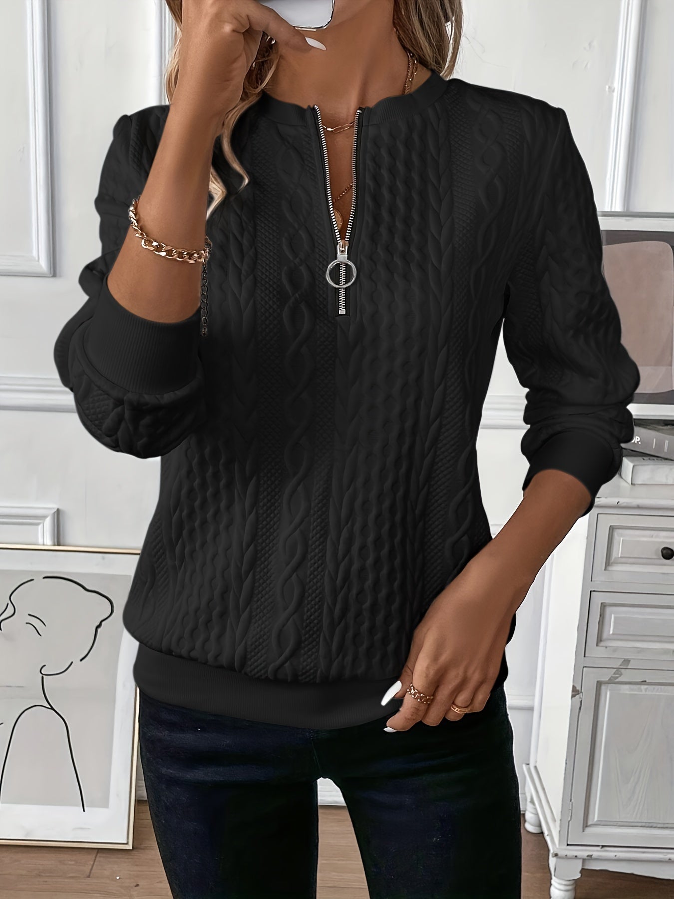 Élora - Pull à col zippé et tricot torsadé pour femme